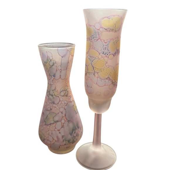 Vintage Hand Crafted Vase & Flute Glass Bundle |Pink, Yellow, Blue, Green Colors - Picture 2 of 7